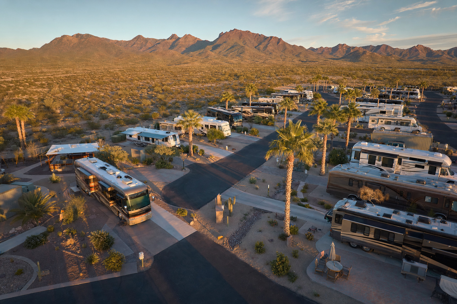 RV park with motorhomes and desert landscaping